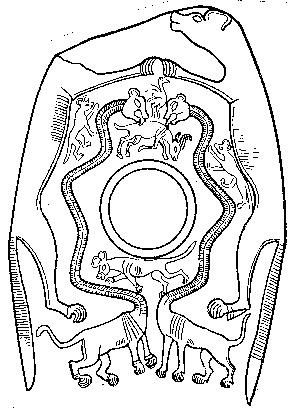 Figura 2. Paleta predinástica con dos serpo-pardos. Según W. Stevenson Smith, 1965. Ashmolean Museum, Oxford