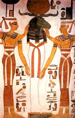 Neftis e Isis con vestidos-funda y ricos ceñidores. Pintura tumba de Nefertari. Din XIX - Valle de las Reinas
