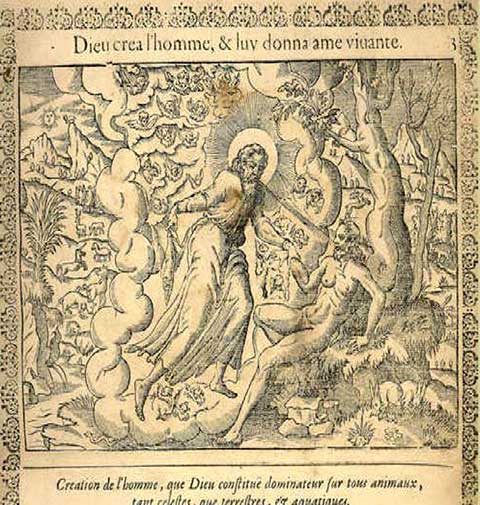 Grabado de la creación del hombre de una historia de la Biblia publicada en París por Chez Guillaume le Be año 1660