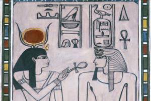 Hathor da vida a Amenhotep II.Escena en un muro de su tumba VR 35, Valle de los Reyes 
