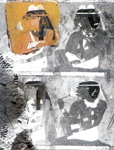 Foto 2 . Fragmento de la pintura conservada en el Museu Egipcio de Barcelona, integrado en su emplazamiento original en la tumba de Kenamón. Montaje sobre una fotografía tomada por Harry Burton publicada en KMT,vol.7, Nº 3, Fall 1996, p. 42