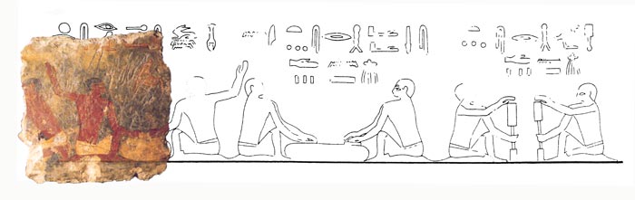 Foto. 4 Montaje del fragmento E-72 del Museo Egipcio de Barcelona sobre el dibujo de la tumba de Ibi, que confirma su procedencia original