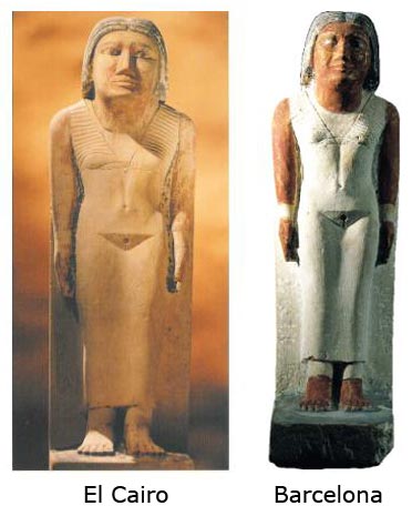 Fig. 8. Comparativa entre las esculturas gemelas de Nefret. A la derecha la conservada en la conocida como Colección Egipcia Jordi Clos. A izquierda, la escultura de Nefret conservada en el Museo de El Cairo