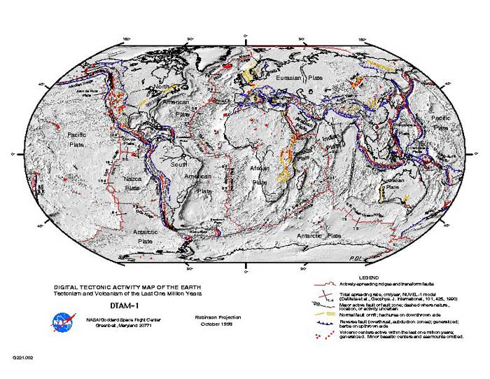 Mapa actual realizado por la NASA de la localización de las placas tectónicas