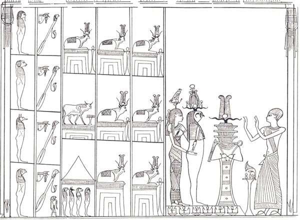 Fig. 3. Escena del Capítulo 148 del Libro de los Muertos. Imagen en P. BARGUET, Le Livre des Morts des Anciens Egyptiens, París, 1967, p. 206