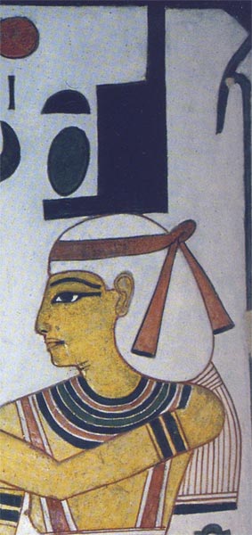Fig. 5. Isis portando su corona tradicional y el tocado khat. Detalle de la imagen en Egipto. El mundo de los faraones (Ed. SCHULZ R., SIEGEL, M.), p. 246