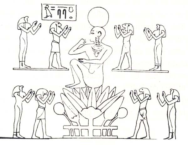 Fig. 5. Nilo sol emergiendo del loto. Dibujo en Mitología y religión del Oriente Antiguo I, Sabadell, 1993, p. 61