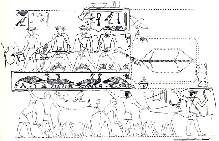 Fig. 4.- Reconstrucción de la pared norte del corredor de la Capilla de Atet. Foto en Catálogo de la exposición L'art égyptien au temps des pyramides, París, 1999, p. 171, Fig. 126
