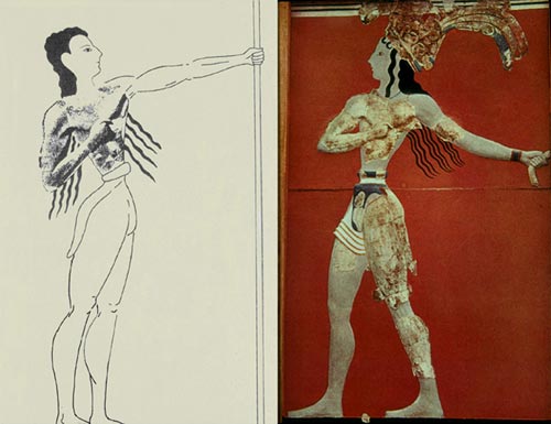 Fig. 6: CNOSO: El príncipe de los lirios. La reconstrucción de la derecha corresponde a Evans. 1, 20 m. Circa 14501400 a.C. Museo de Iraklion.
