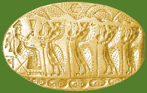 Fig. 23: TIRINTE: Oro. Longitud: 5,6 cm. c. 1400-1300 a.C. Museo Nacional de Atenas.