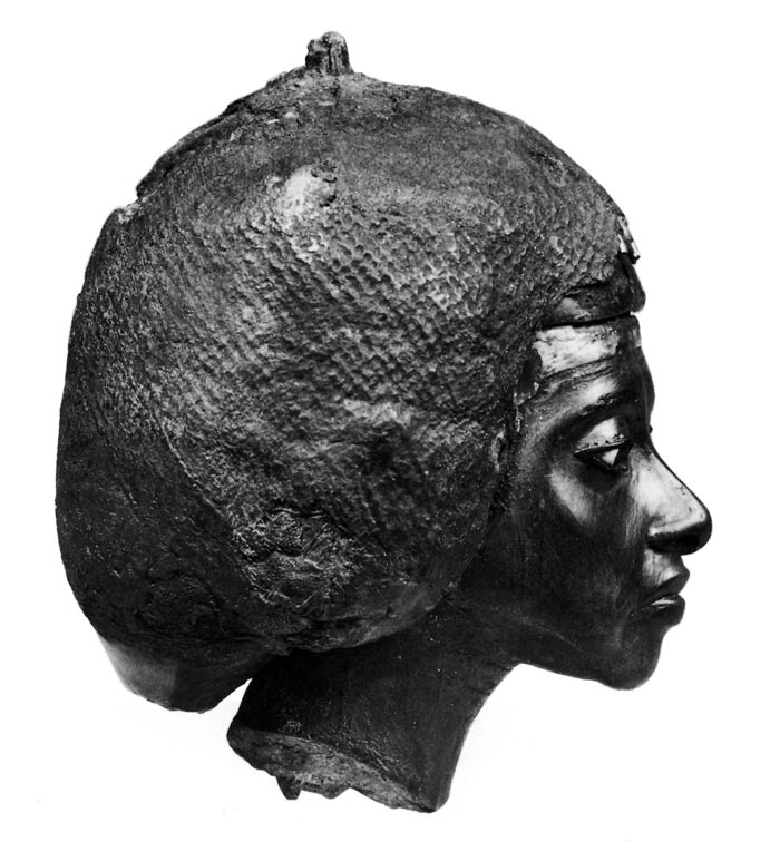 Fig. 3. (arriba) Cabeza de Tiy. Perfil. Fotografía publicada en el Catálogo de la exposición Aménofis III. Le Pharaon-soleil, París, 1993, p. 172.