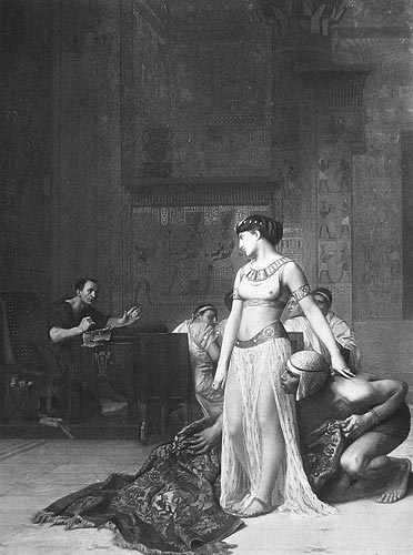 Fotograbado realizado en torno a 1879, por George Barrie, basándose en una pintura del afamado pintor francés J.L. Gerome. Representa la famosa escena en la que Cleopatra se presenta ante César, después de salir del interior de una alfombra. Colección particular del autor.