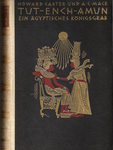 Portada de la edición alemana, en tres tomos, del libro de Howard Carter y A.C. Mace sobre el descubrimiento de la tumba de Tutankhamon. Editado en Leipzig, en 1924. En la citada edición aparecen numerosas fotografías de Harry Burton.