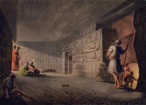 Fig. 1. Grabado extraído de la obra: Views in Egypt..., de Luigi Mayer. Editado por R. Bowyer en 1802. Obra de Thomas Milton que representa el interior de un tumba cercana a Guiza.