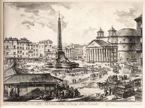Fig. 12. Fig.grabado de finales de 1800, copia de un grabado de Piranesi, en el que se puede apreciar una imagen de un obelisco egipcio erigido en la Piazza de la rotonda. Roma.