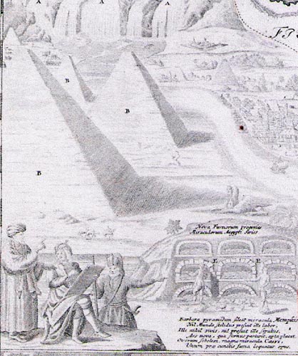 Fig. 14. Detalle de las pirámides y esfinge de Guiza en el mapa Aegyptus Hodierna… Johanne Baptiste Omán, Nurember, 1663-1724.