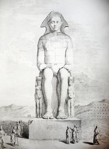 Fig. 17. Grabado de imagen idealizada de uno de los colosos de Memnon, según la obra de Richard Pococke A description of the East and some other Countries…. Londres, 1743. 