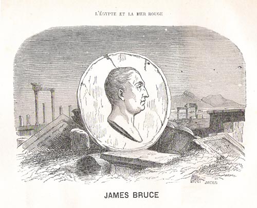 Fig. 20. Retrato de James Bruce sobre unas ruinas , extraído de la obra de James Bruce de Kinnaird, Voyage aux sources du Nil en Nubie…, Marc Barbou. Limoges, 1880.