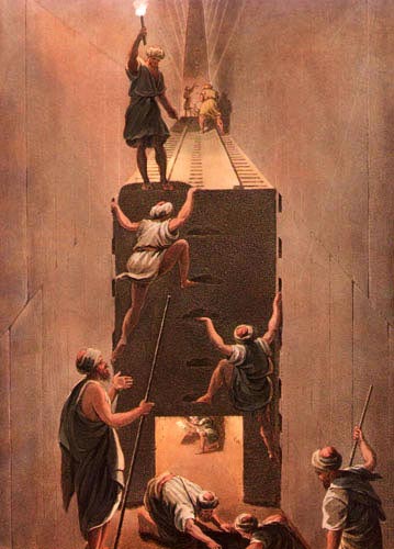 Fig. 24. Grabado del interior de la pirámide de Keops, extraído de la obra de Luigi Mayer Views in Egypt, from the original drawings..., publicada en Londres en 1802. El grabador fue Thomas Milton.