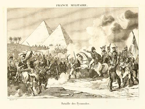 Fig. 26. Grabado extraído de una publicación del siglo XIX que representa la Batalla de las pirámides. El grabador fue Reville.