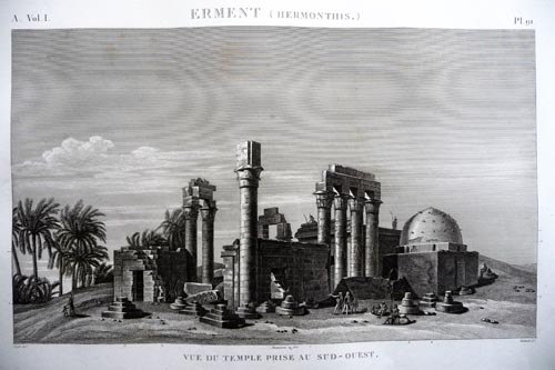 Fig. 28. Grabado que representa una panorámica del templo de Hermonthis, extraído de la Description de l´Egypte, dibujado por Cecile y grabado por Lienard.