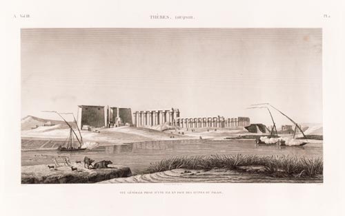 Fig. 29. Grabado que representa una panorámica del templo de Luxor desde el Nilo, esta extraído de la Description de l´Egypte, dibujado por Balzac y grabado por Berthault.