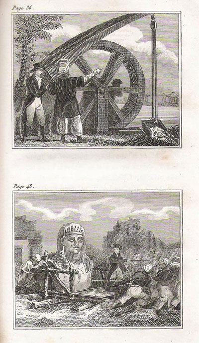 Figura 1. Grabado en el que se están transportando antigüedades Egipcias y se utiliza un ingenio hidráulico en forma de noria mecánica, para transportar agua. Extraído de la obra de G. B. Belzoni, Le jeune Voyageur. Egypte et en Nubie, Belin libraire, 1836.