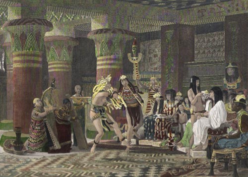 Figura 14. Grabado coloreado que representa una escena de pasatiempos en el interior de un templo de Egipto, realizado por Alma Tadema, editado en Nueva York (hacia 1840).
