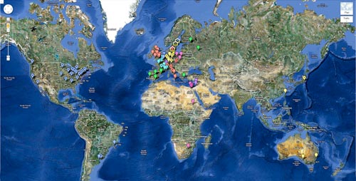 Fig. 2. Distribución de las colecciones egipcias en el mundo. En Googlemaps: http://maps.google.com/maps/ms?ie=UTF8&hl=fr&t=h&msa=0&msid=200856473600351161514.000496c655733ce277835&z=2