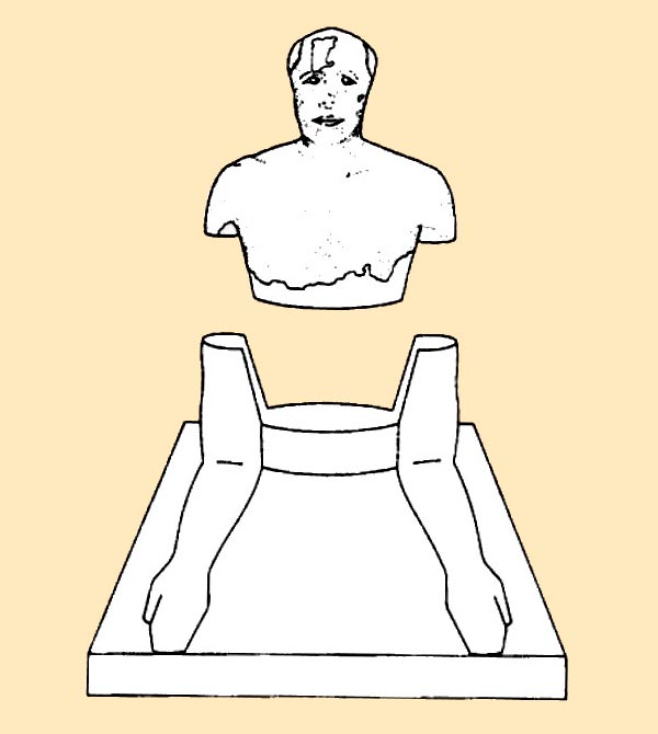 Fig. 6. Hipótesis de reconstrucción de busto en la supuesta base sobre el pedestal. Ver en A. Bolshakov, “What Did Bust Ankhhaf Originally Look Like”, BMFA 37 (1939), p. 13, Fig. 10.