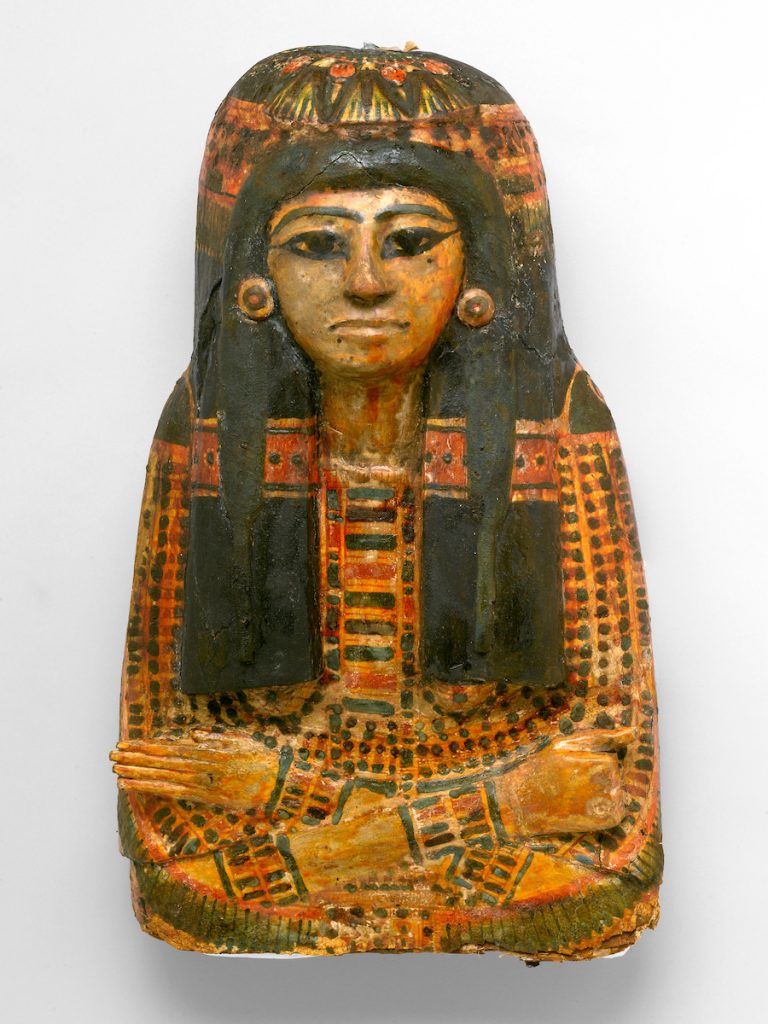 Mummy Mask of Bensuipet, Deir el-Medina, Egypt, circa 1292–1190 B.C.E. Cartonnage, 7 ¼ x 14 ¼ x 24 ⅜ in. (18.4 x 36.2 x 62 cm). Charles Edwin Wilbour Fund, 37.47Ec. (Photo: Sarah DeSantis, Brooklyn Museum)